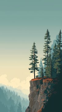 Mountain cliff forest at sunrise illustration