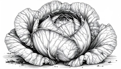 Fototapeta premium Detailed Black and White Cabbage Illustration with Intricate Leaf Texture.