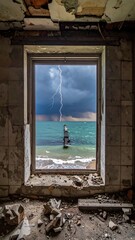 Stormy Sea View Through Abandoned Window Frame in Dilapidated Room.