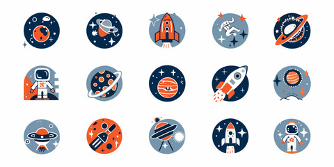 Collection of colorful space themed icons planets rockets astronauts and more © Ratan
