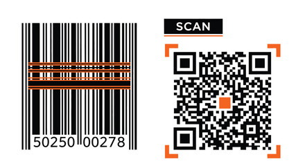 Obraz premium Barcode and QR code vector set, digital scan icons with orange accents, retail product identification labels for packaging design