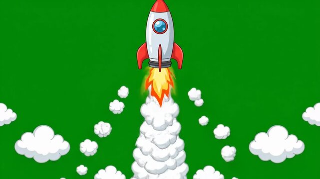A cartoon rocket launching into the air with a trail of smoke and flames on a green background.