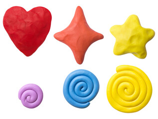a collection of vibrant, hand-molded clay shapes including a red heart, star, and yellow star, plus pastel swirls on a transparent background. © Nicole