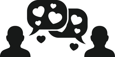 Two people silhouettes talking with hearts in speech bubbles, concept of love conversation, dating chat, or relationship communication icon