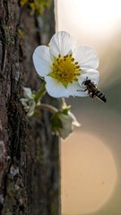 Strawberry Blossom and Hoverfly in Spring Sunlight.