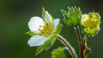 Strawberry Blossom Close-Up - A Delicate Dance of White Petals and Green Buds.