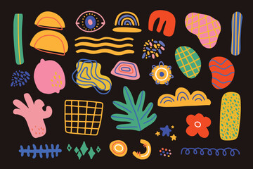 Set of organic hand drawn plant leaf and tropical shape decoration set. Pastel color doodle bundle for fashion design, summer season or natural concept.	
