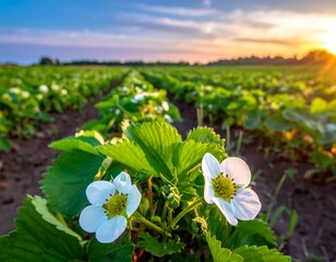 Strawberry Field Blossoms at Sunset - A Promising Harvest.