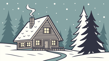 Cozy wooden cabin nestled in a serene snowy winter forest landscape