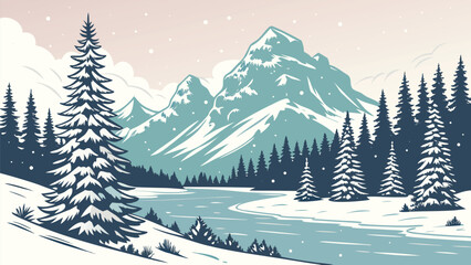 Fototapeta premium Gentle snowfall blankets a stunning pixel landscape of mountains and evergreen forests