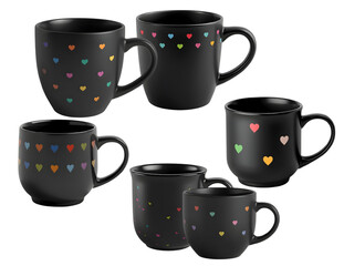 a collection of six matte black ceramic mugs, each playfully decorated with a pattern of small, colorful heart icons in various arrangements