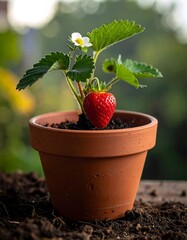 Strawberry Plant in Pot with Ripe Fruit and Flower.
