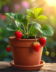 Strawberry Plant in Pot - Fresh Berries and Green Leaves.