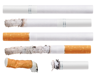 a collection of cigarettes, including unlit, partially smoked, and a crushed cigarette butt, displayed in sequence against a black backdrop.