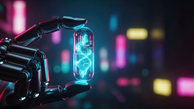 A robotic hand holding a glowing blue capsule with a futuristic cityscape in the background