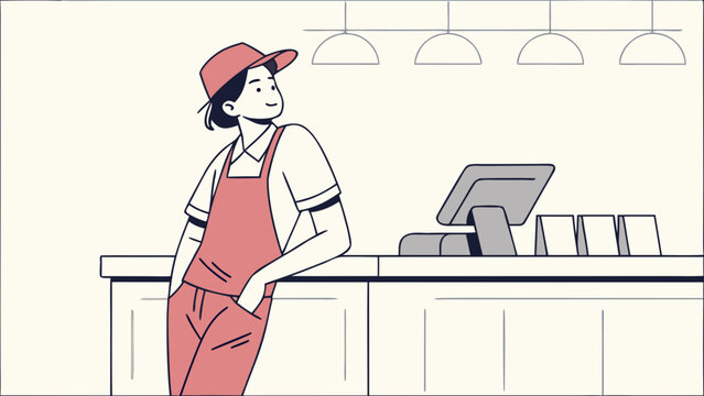 A friendly female barista or cashier in a red apron and cap leaning on a counter in a cafe or shop.