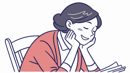 A woman with her eyes closed and a smile on her face, resting her chin on her hands while reading a book.