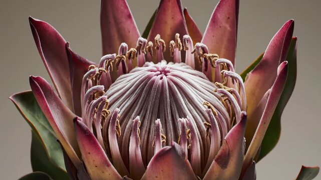 Stunning close-up of a vibrant pink protea flower showcasing intricate natural details and botanical beauty.