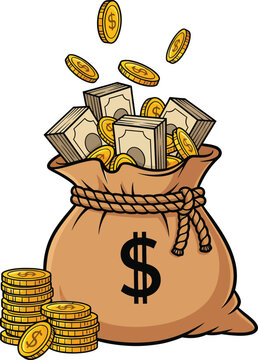 Cartoon burlap money bag with a dollar sign overflowing with stacks of cash and shiny gold coins.