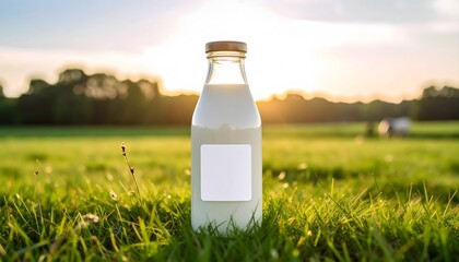 Glass milk bottle with blank label sits in sunlit green grass field at sunset