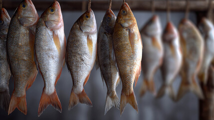 Freshly Caught Fish Hanging in a Market Display Setting for Commercial Visuals and Professional Use in Seafood Industry Projects