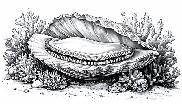 Detailed black and white drawing of an open scallop shell.