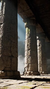 Dramatic cinematic shot of massive mossy stone columns supporting a dark, mysterious ancient temple ruin.