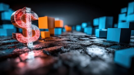 Minimal glowing DOLLAR sign emerging from abstract geometric shapes, corporate 3D style