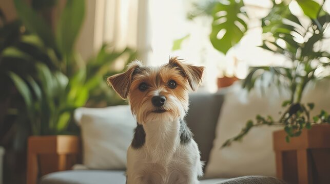 the dog is standing on a couch in front of a potted plant.