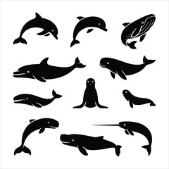 Collection of black silhouette marine animals including whale dolphin seal manatee narwhal vector © TAHSIN
