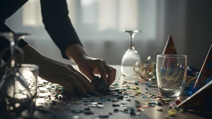 Obraz premium Person Assembling Jigsaw Puzzle on Table.