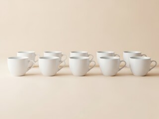Clean white ceramic teacups arranged in a neat row against a soft cream backdrop showcasing minimal design and neutral colors