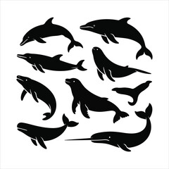 Collection of black silhouette marine animals including whale dolphin seal manatee narwhal vector © TAHSIN