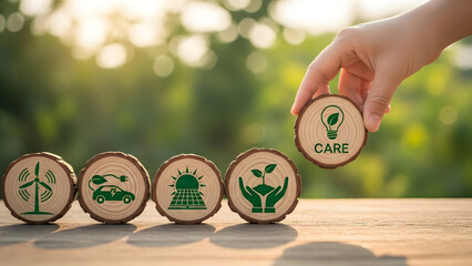 Hand holding a wooden disc with a care icon amidst nature and development symbols