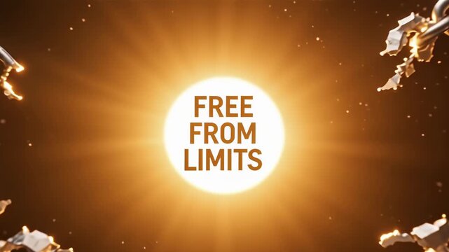 3D animation of crossed heavy metal chains violently exploding to reveal the glowing text Free From Limits surrounded by golden sparks and debris
