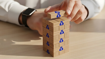 Person building a wooden block structure with blue symbols on a table