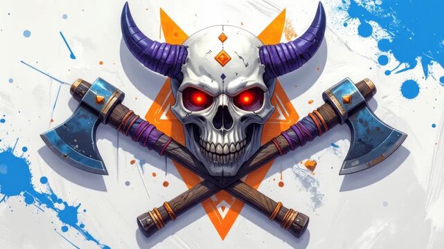 Stylized illustration of a skull with horns and crossed axes, set on a splash background