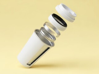 Deconstructed white travel mug with parts separated showing components isolated against a soft yellow background studio style product shot