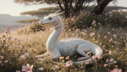 Elegant White Dragon Resting in a Field of Flowers Under a Tree.