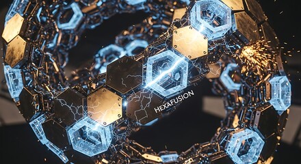 Abstract futuristic structure with hexagonal cells and glowing energy