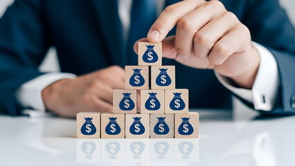 A person stacking wooden blocks with money icons on a white surface