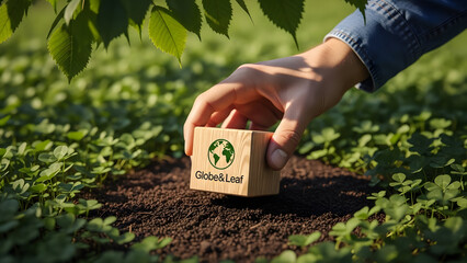 Hand planting a small wooden block with a green logo in fertile soil surrounded by lush greenery