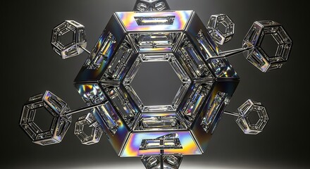 Abstract geometric crystal structure with iridescent light refraction