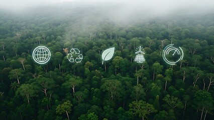 Aerial view of lush green forest with environmental icons