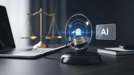 AI technology concept with house icon and legal scales on a desk