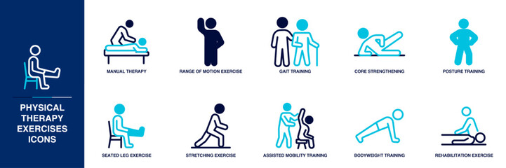 Physical Therapy Exercises Blue Colored Outline Icon Set