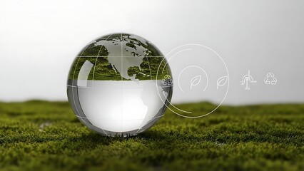 Crystal Globe Reflecting Earth on Green Grass