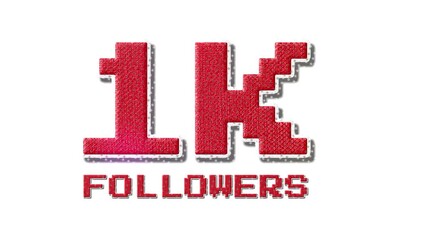 1k followers red pixel art text with fabric texture and drop shadow on white background for social media milestone celebration
