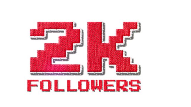 2k followers red pixel art text motion with fabric texture and drop shadow on white background for social media milestone celebration