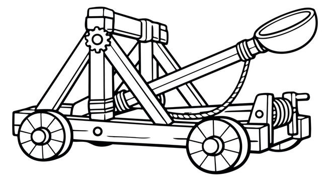 Line art illustration of a catapult depicting an ancient siege weapon for historical warfare
